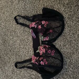 Adore Me Black Lace Bralette with Pink and Green Embroidery